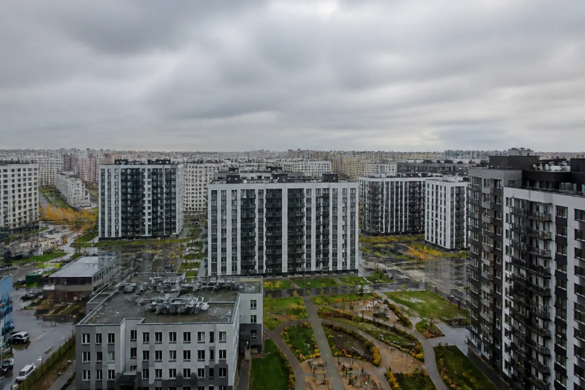 Вид из окна новостройки на Петербург