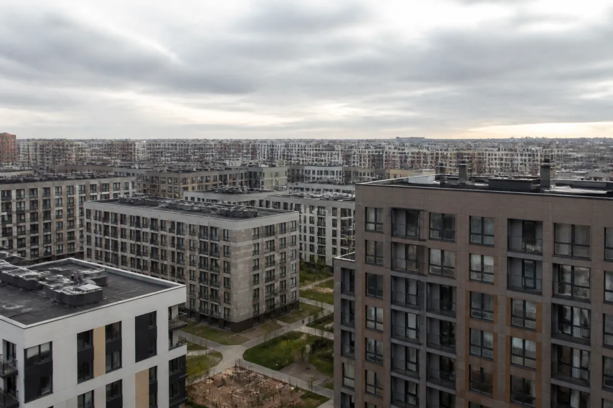 Вид из окна новостройки на Петербург