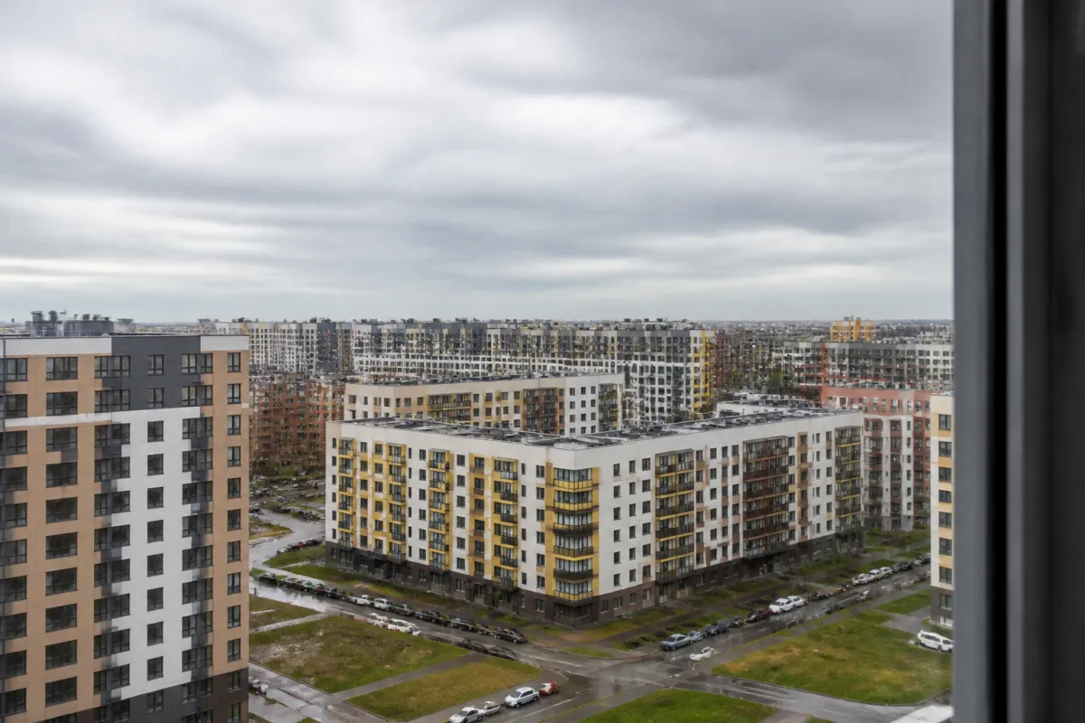 Вид из окна новостройки на Петербург